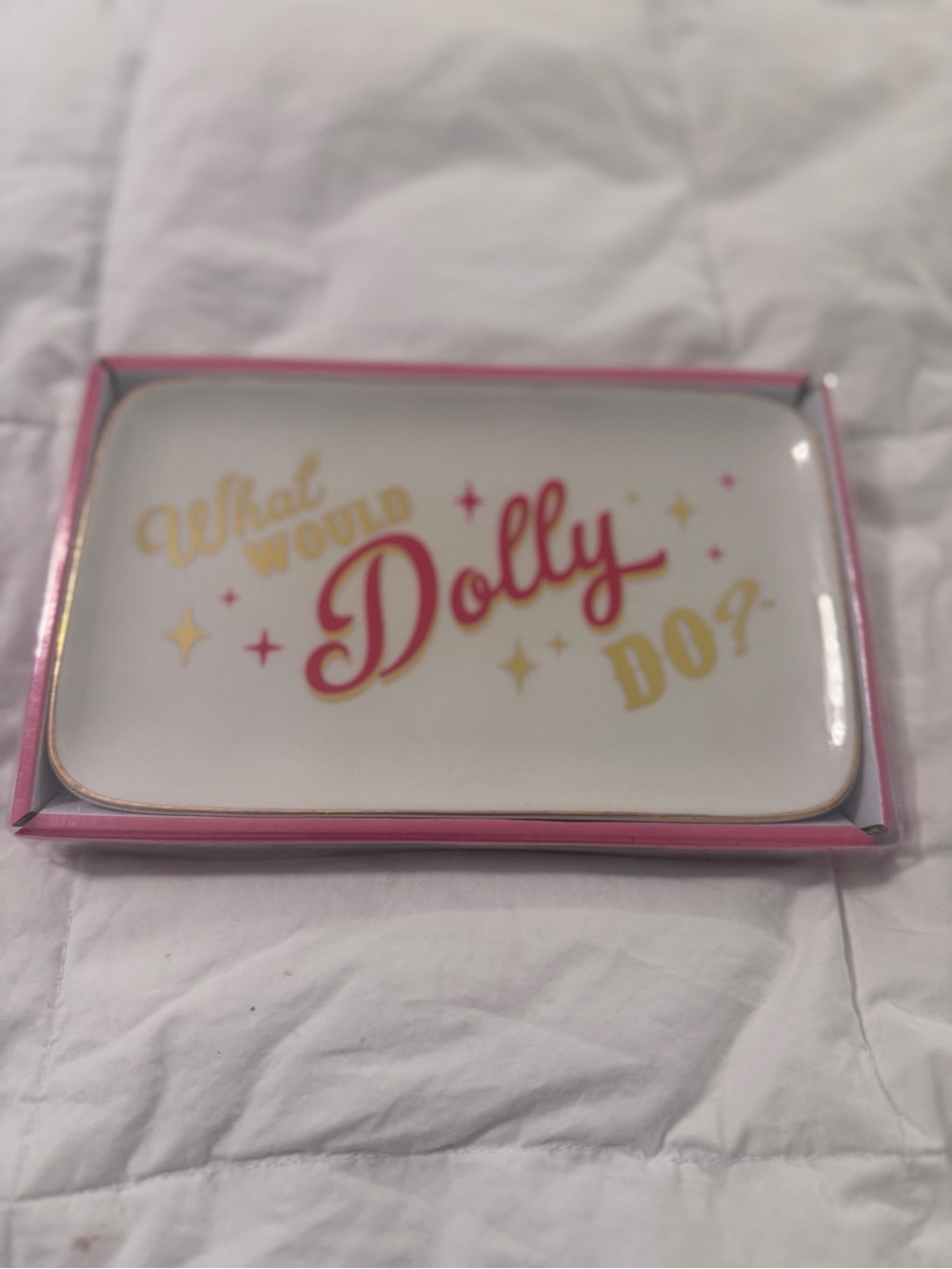 Dolly Ceramic Trinket Dish - White with Pink and Gold Lettering